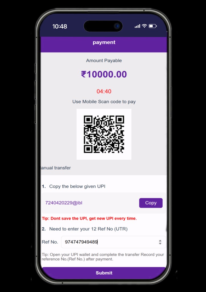 Payment screen — UPI, QR, and reference number