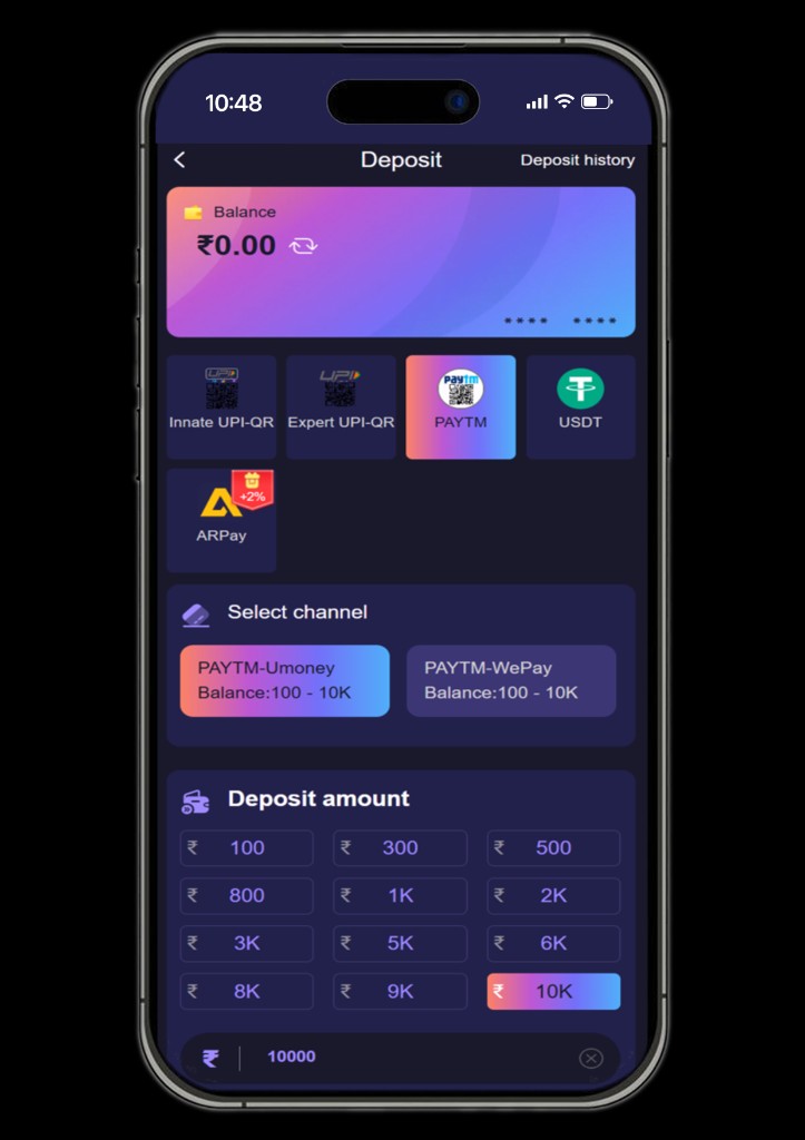 Deposit screen — choose amount and payment method