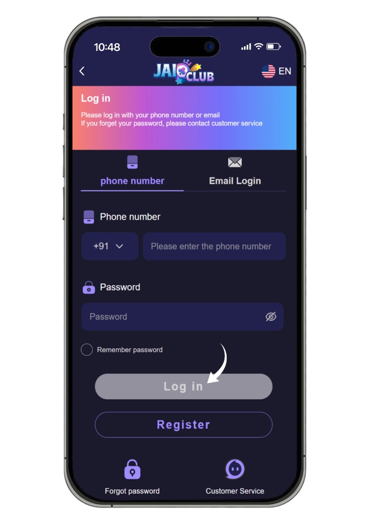 Jai Club app — log in with phone number or email
