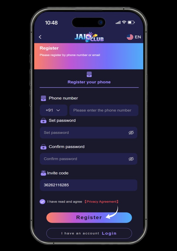 Jai Club app — register with phone, password, and invite code